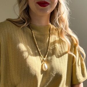 Vintage 1950s Gold-Tone Necklace With Large Pearl Pendant